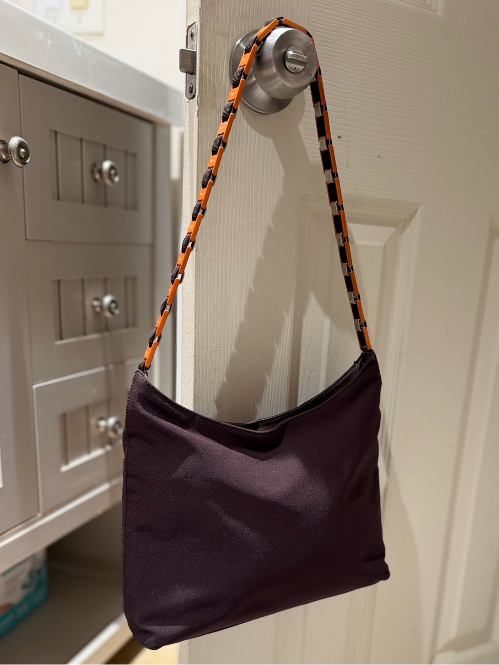 Salvatore Ferragamo Nylon Shoulder Tote Bag with Plastic Chain Strap EUC Brown - Picture 3 of 15